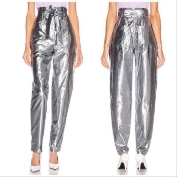 ALC Coburn Shiny Silver Metallic Paperbag Pants 4